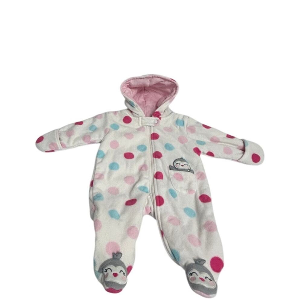 Carters girls white & pink polka dot fleece jumpsuit w/hood and animal footies
